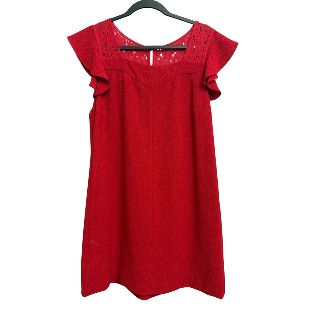 HD in Paris Anthropologie Red Lace Ruffle Sleeve Shift Dress Size 10 Flaw READ